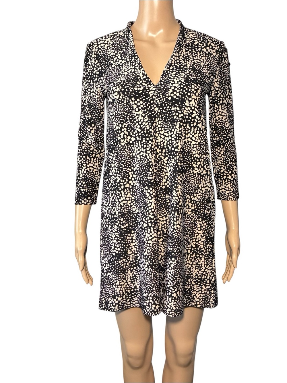 MNG Basics Women's Dress XS Cream Black Long Sleeve Knee Length Polyester Blend